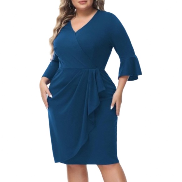 Women’s Plus Size  V Neck Bell Sleeve Ruched Wrap Pencil Dress - Picture 1 of 9
